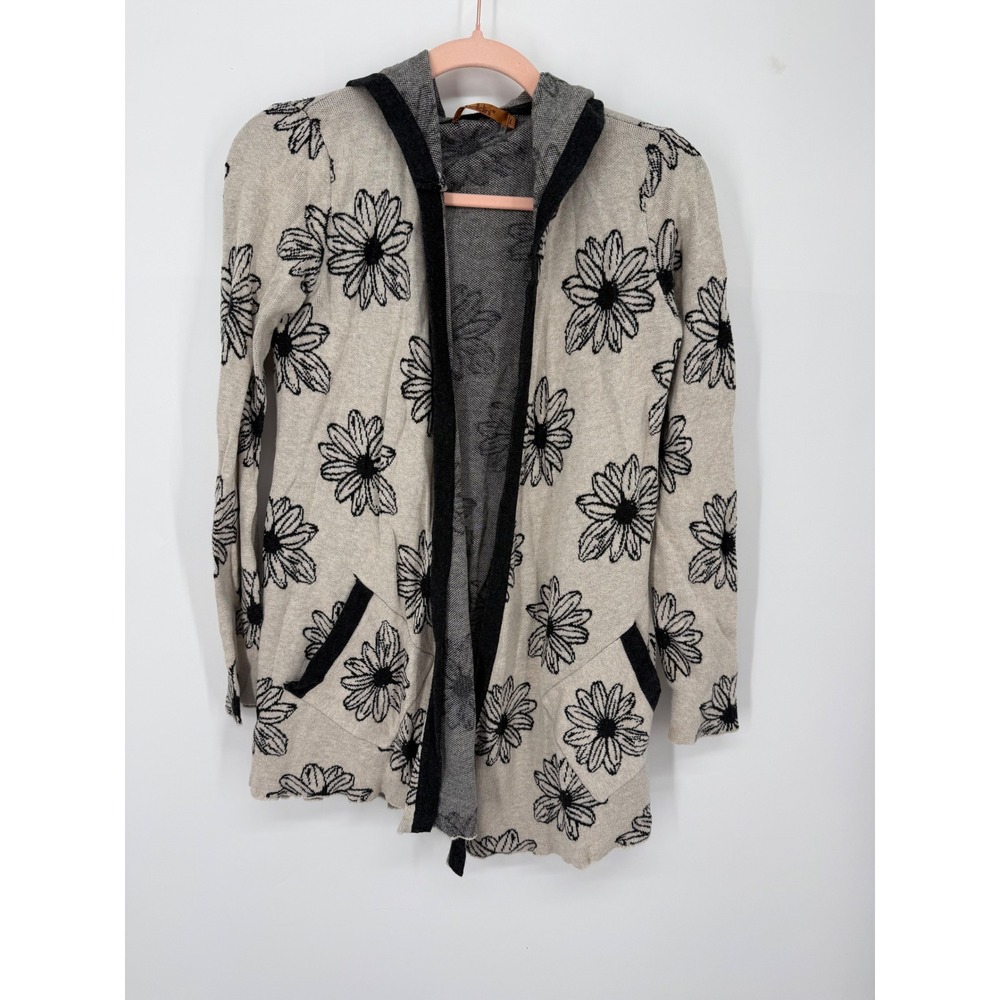 Beldini Cardigan Women Large Beige Black Daisy Floral Hooded Open Front Knit